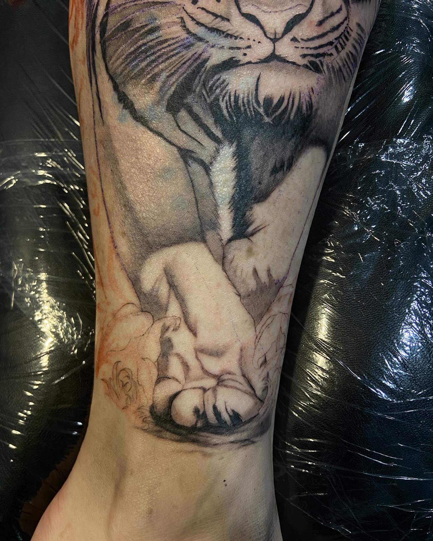 Lion realism tattoo on the forearm by Slade Nowicki