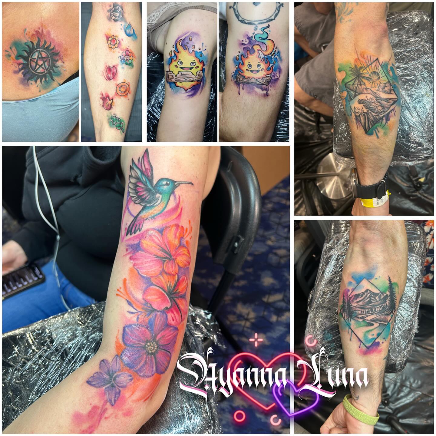 Watercolor floral hummingbird watercolor tattoo on the forearm by Ayanna Luna