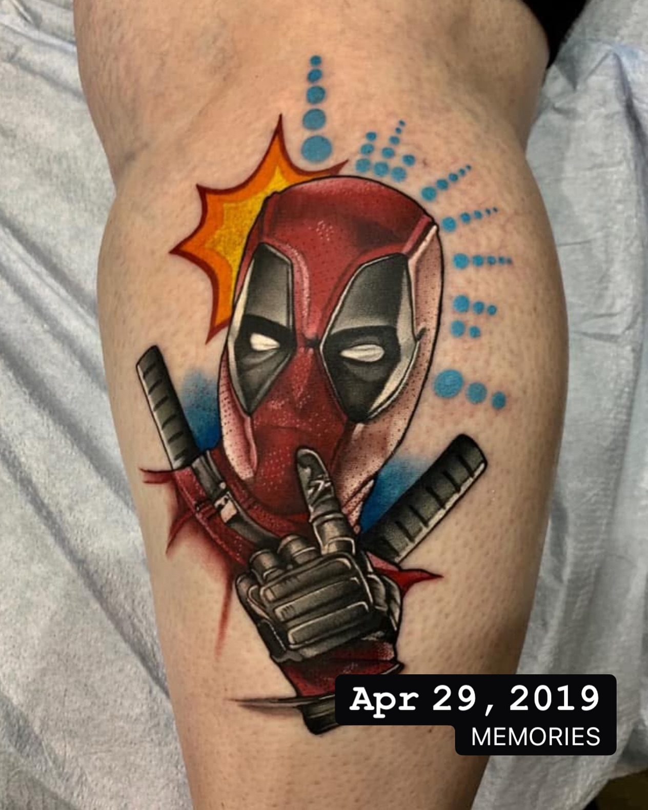 Deadpool dotwork tattoo on the thigh by Sterling Grice