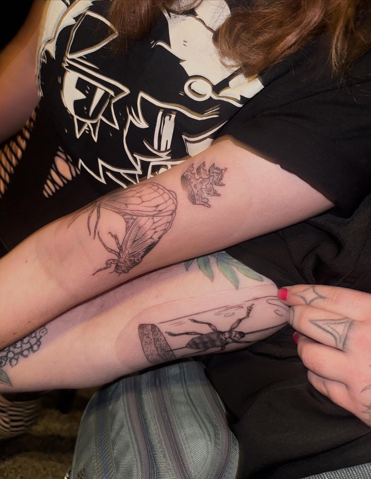 Insect black and grey tattoo on the forearm by Ivy