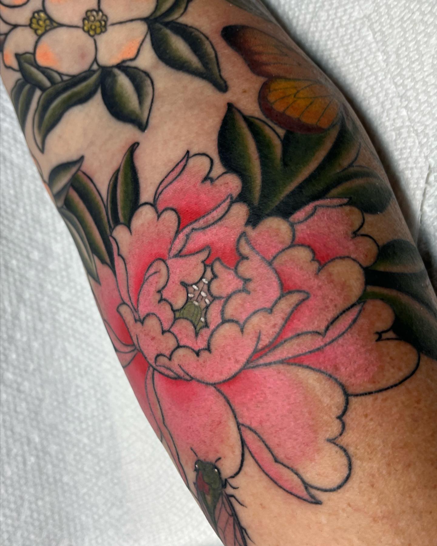 Peony flower American traditional tattoo on the forearm by Kayla Faircloth, Charlotte, North Carolina