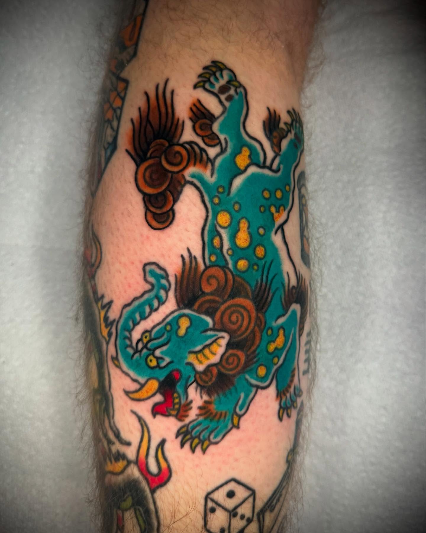 Mythical creature American traditional tattoo on the forearm by Jameson William Cowan