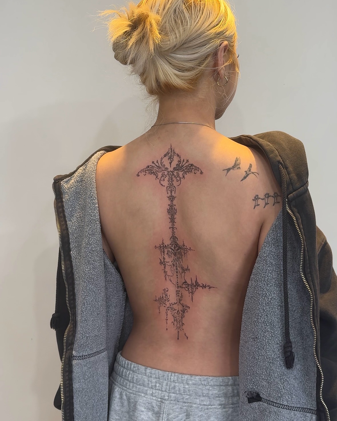 Cross black and grey tattoo on the back by alyssa ⋆₊ ♱