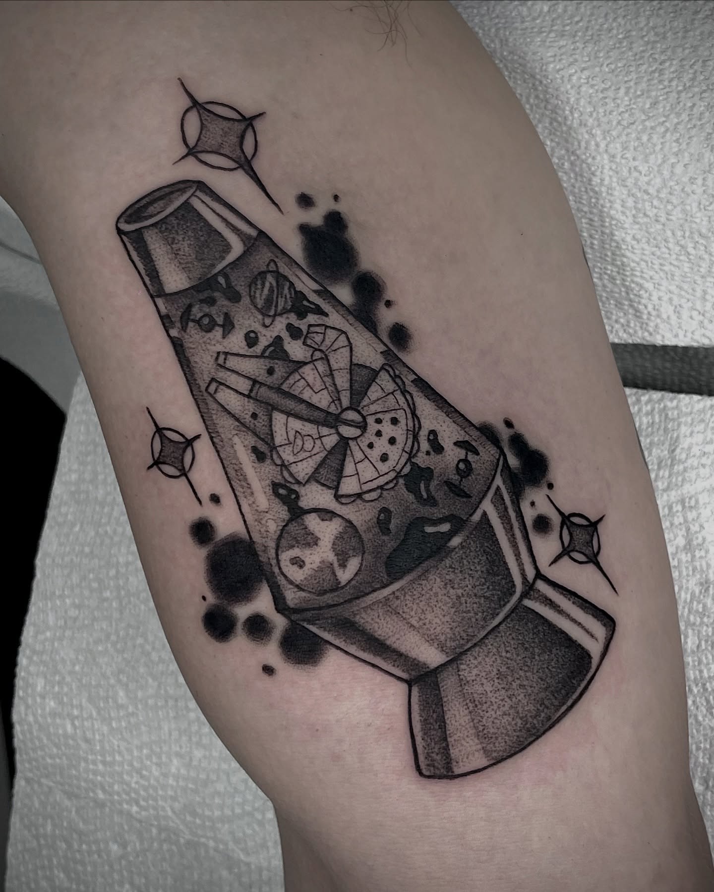 Rocket dotwork tattoo on the forearm by Kathryn the Tooth Collector