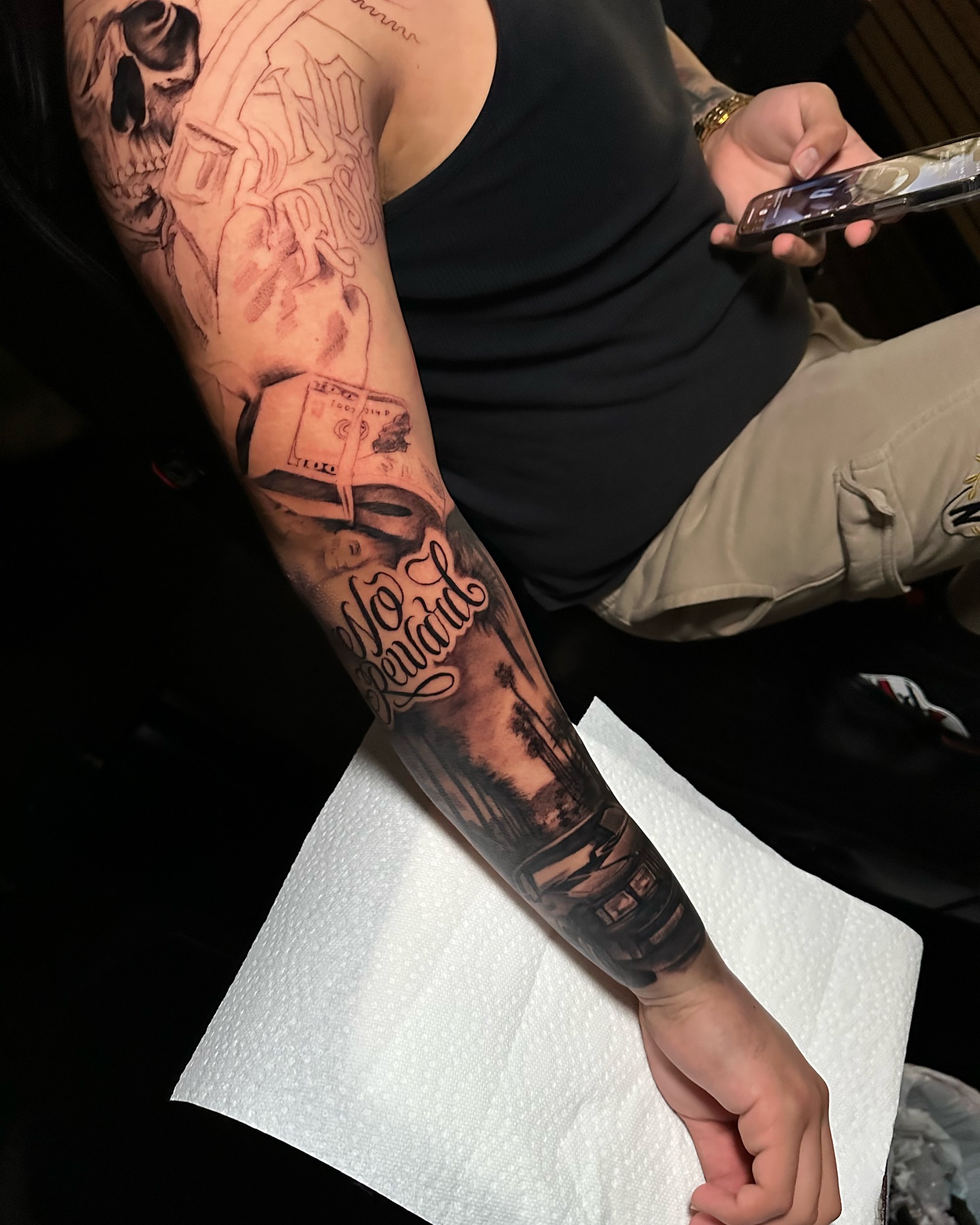 No reward black and grey tattoo on the forearm by Lex⛓️
