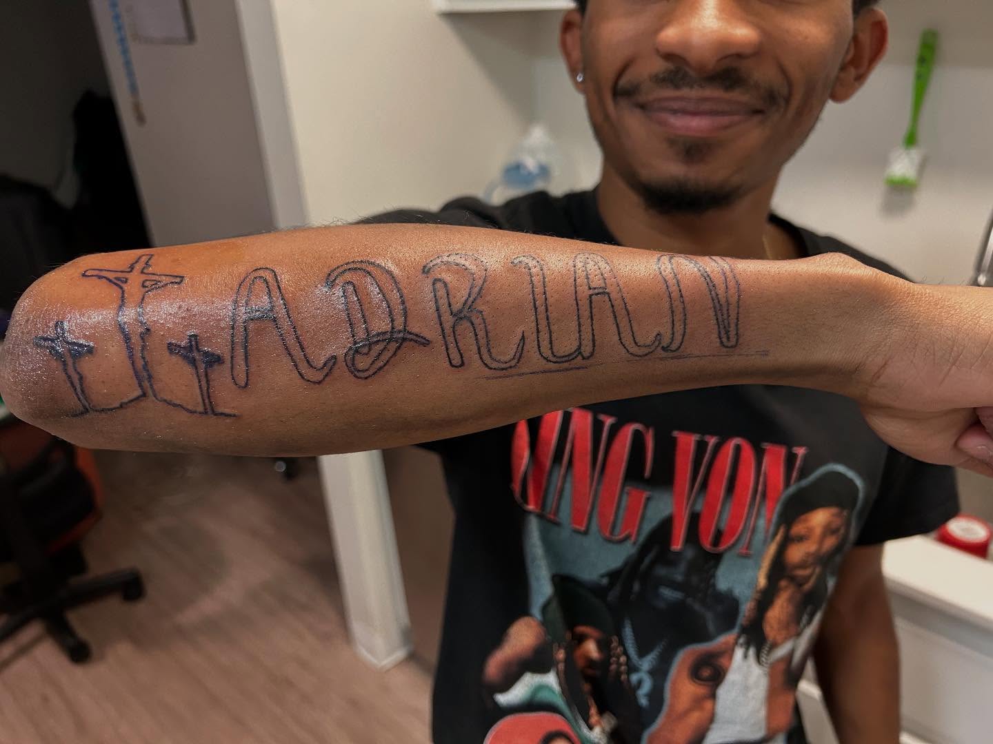Name lettering script tattoo on the forearm by 702tattoo💉🩸