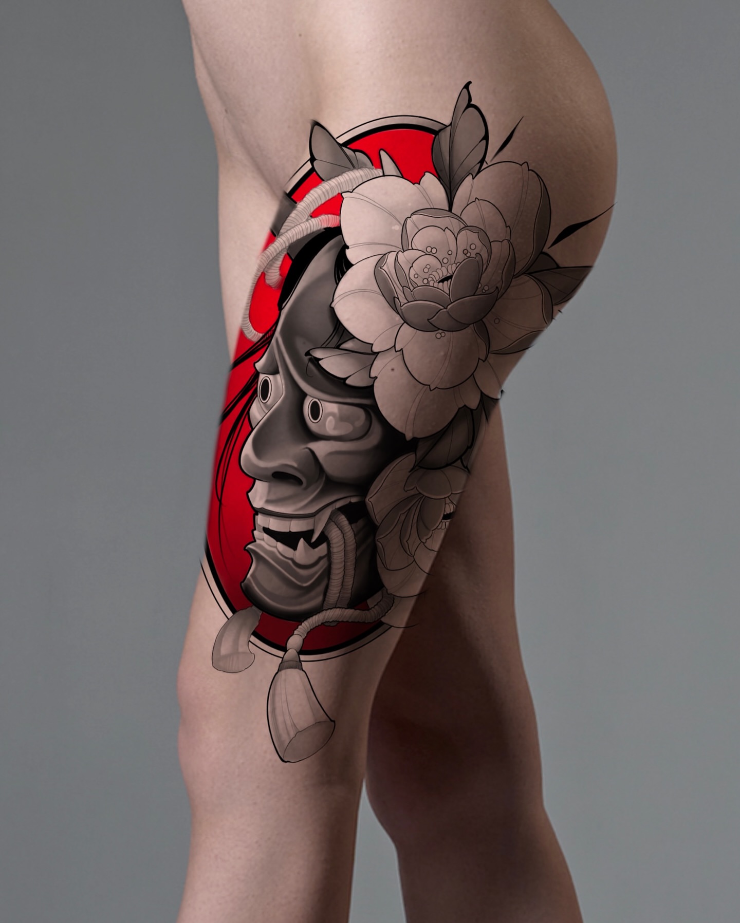 Mask and flowers japanese irezumi tattoo on the thigh by Carlos Valdes ✨ Tattoo Artist in Tampa FL