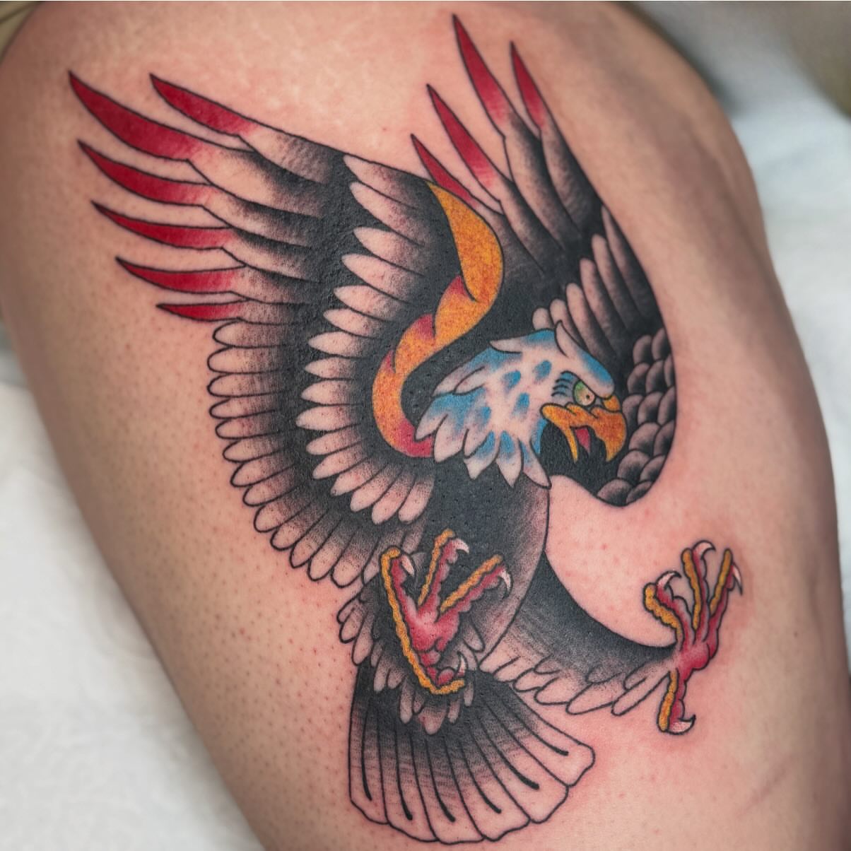 Eagle American traditional tattoo on the thigh by chloe jeanel estrada