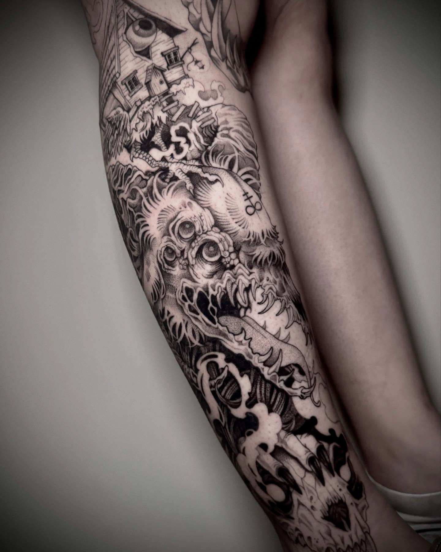 Monster realism tattoo on the forearm by Melanie