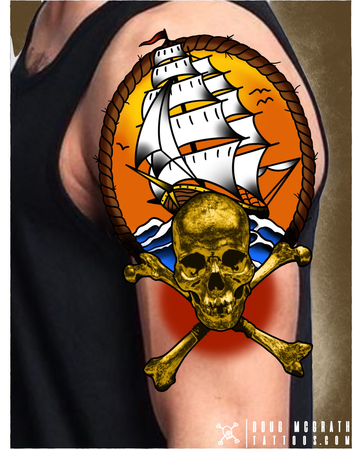 Pirate ship and skull American traditional tattoo on the thigh by Douglas