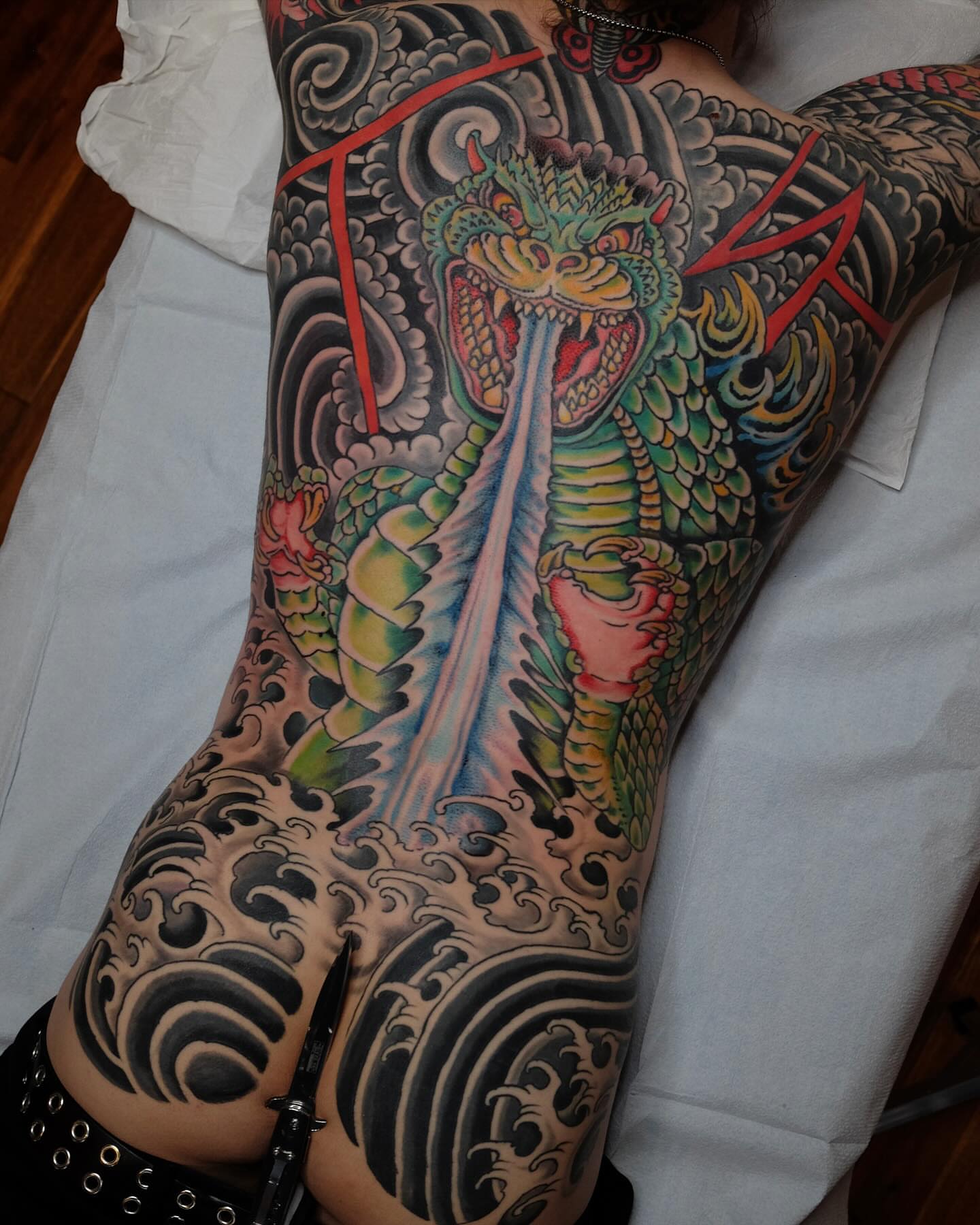 Dragon japanese irezumi tattoo on the thigh by Zac Blevins