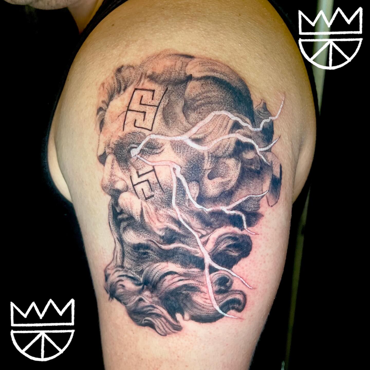 Storm cloud realism tattoo on the shoulder by Prncjordn, Stallings, North Carolina