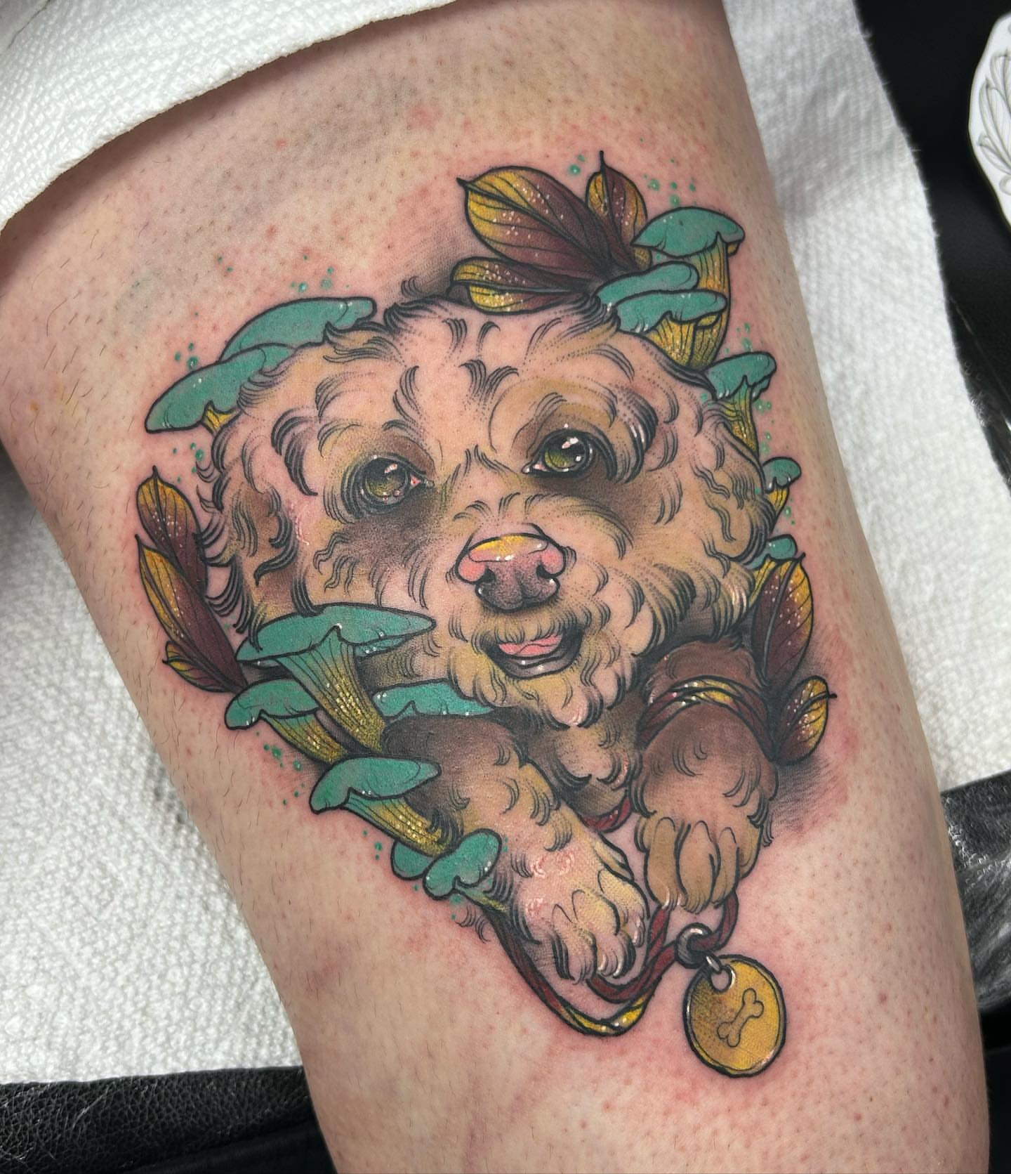 Dog with mushrooms realism tattoo on the thigh by Tatijana., Kettering, Ohio