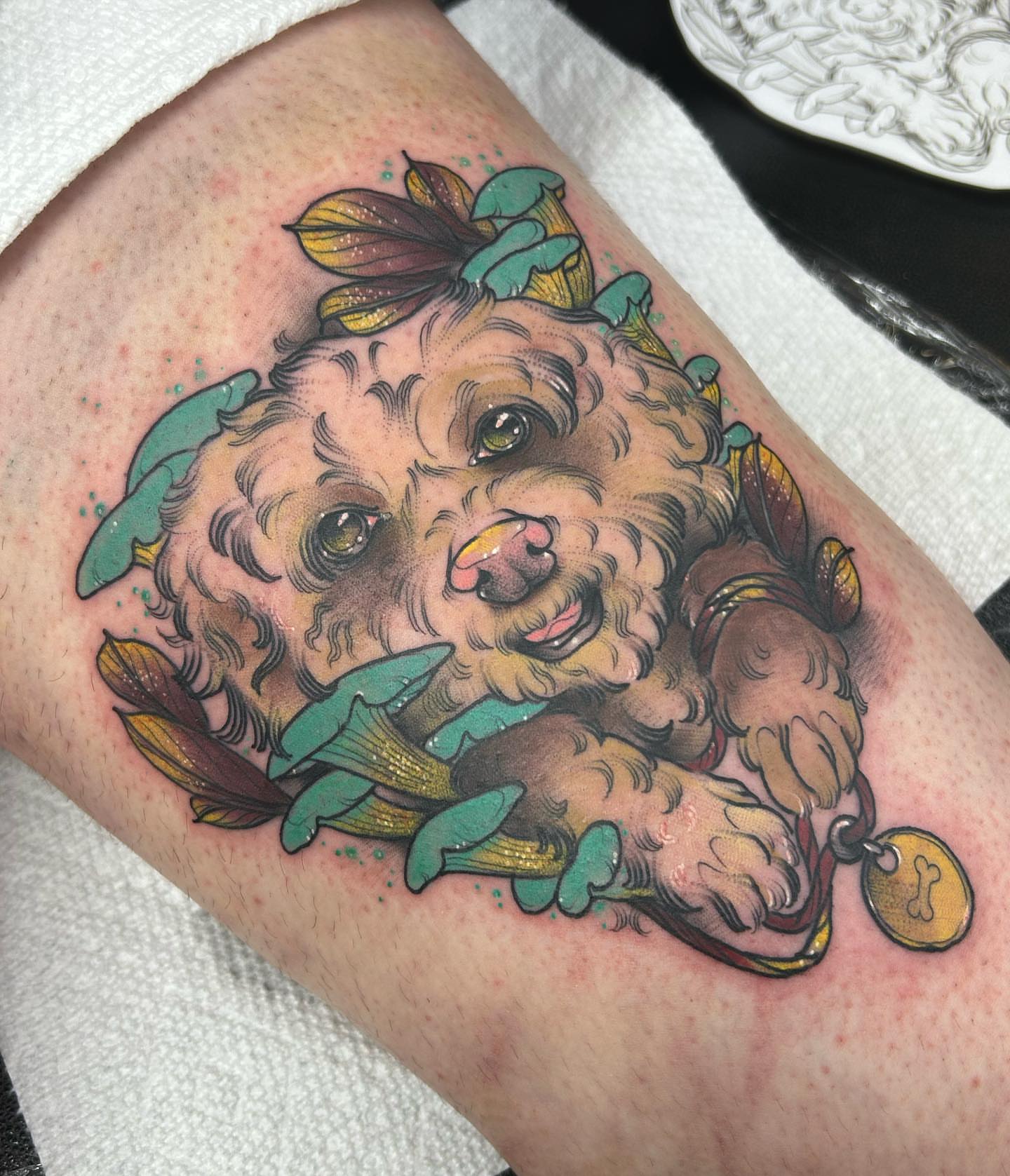 Poodle realism tattoo on the thigh by Tatijana., Kettering, Ohio