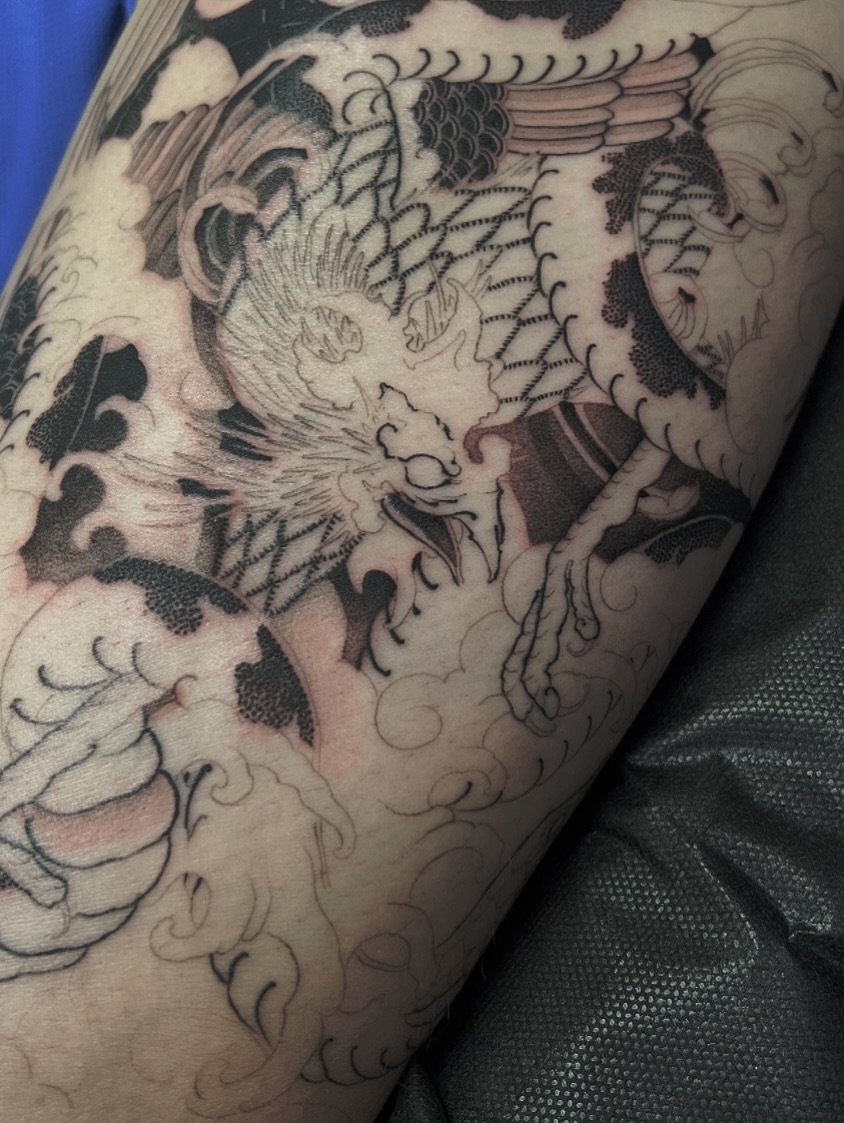 Dragon japanese irezumi tattoo on the forearm by Joshua Hung, Alhambra, California