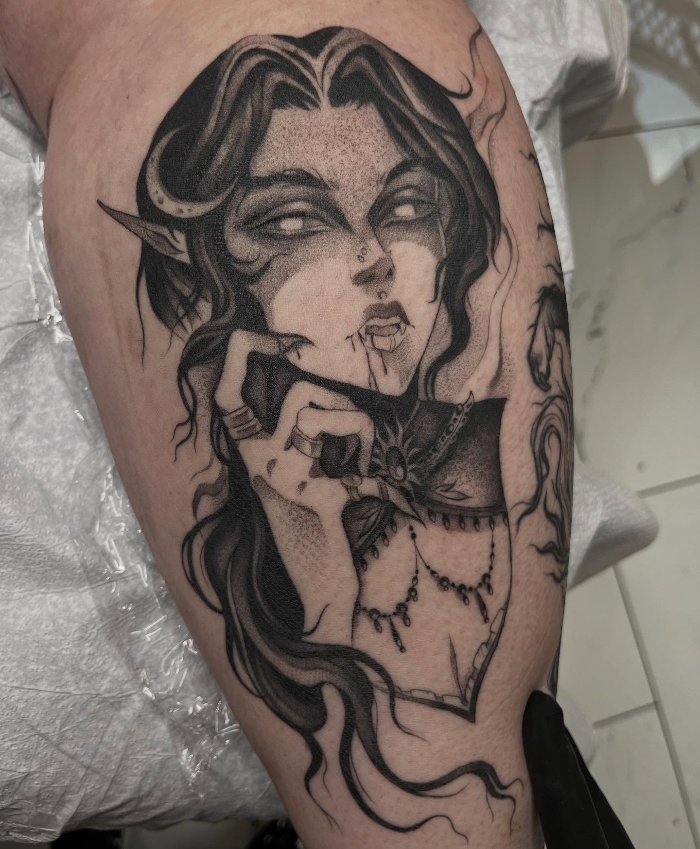 Tattoo by @apriljaytattoo — dotwork, dark_realism