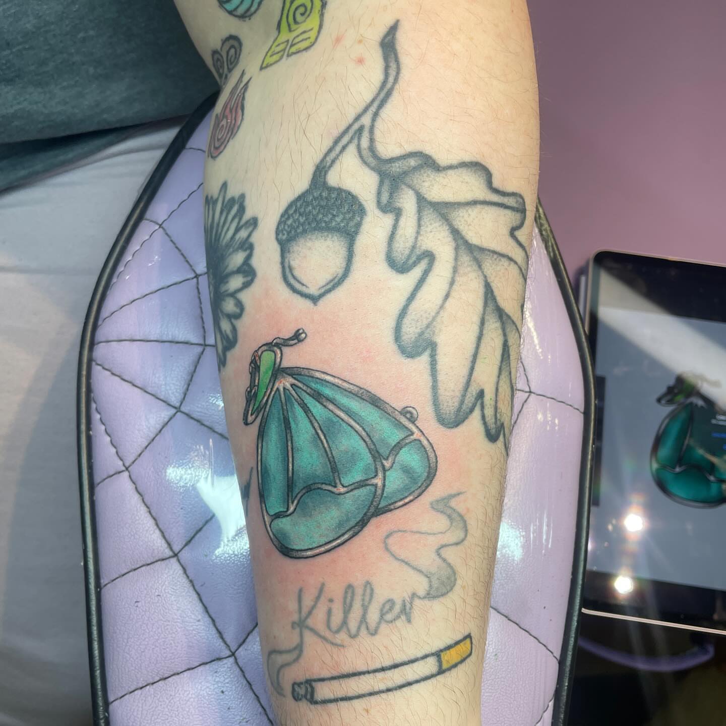 Umbrella and acorn new school tattoo on the forearm by 𓉸ྀི lola hoax tattoos𓉸ྀི