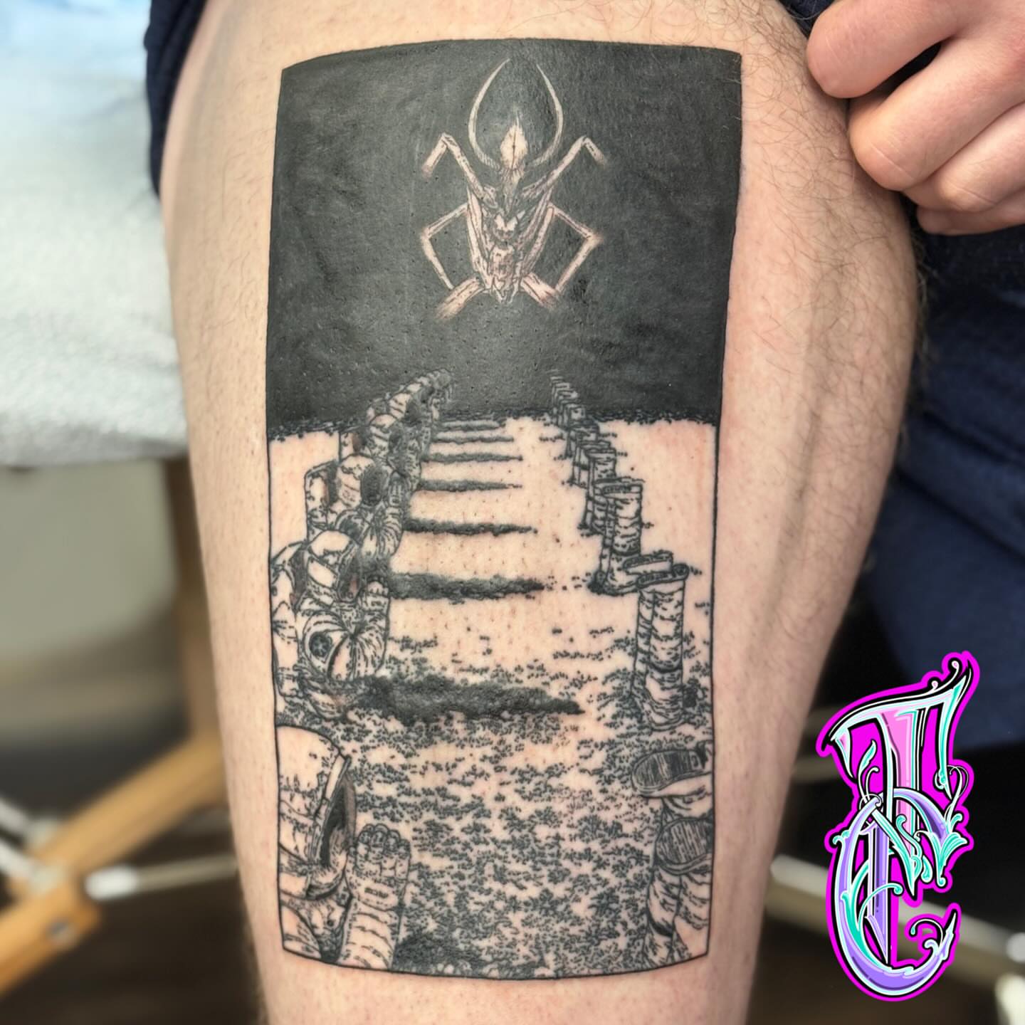 Staircase with figures dotwork tattoo on the thigh by Thea Curlee