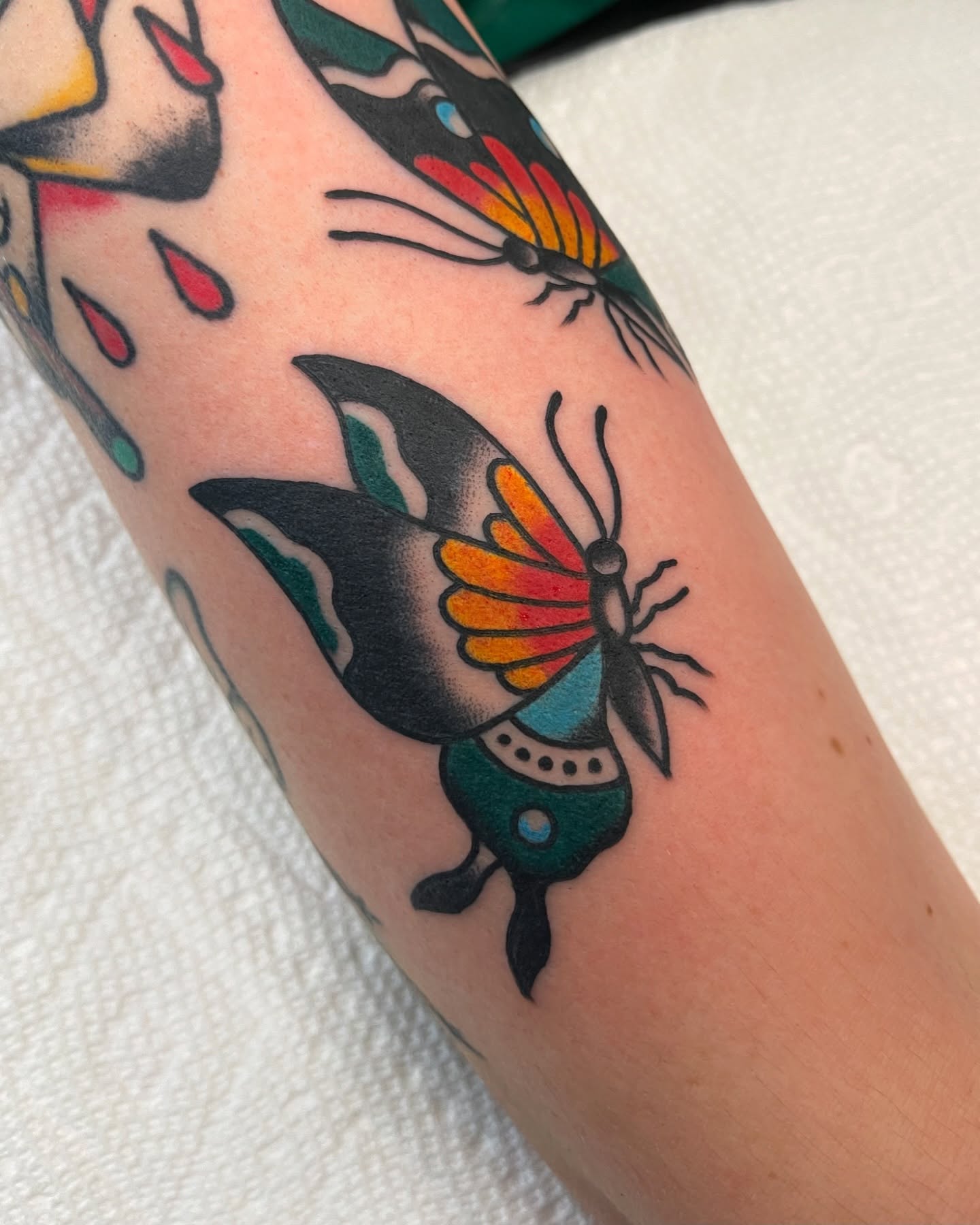 Butterfly American traditional tattoo on the forearm by Alva - DFW Tattoo Artist