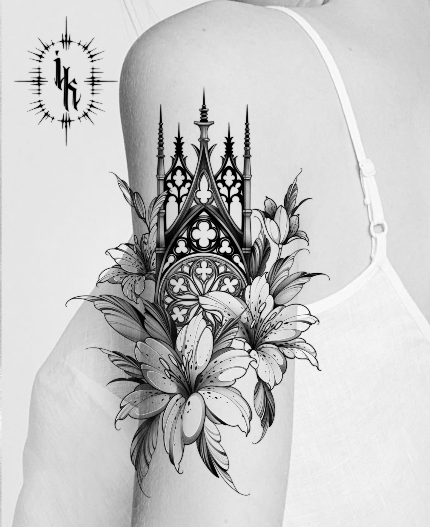 Gothic cathedral with lilies ornamental tattoo on the shoulder by IVY