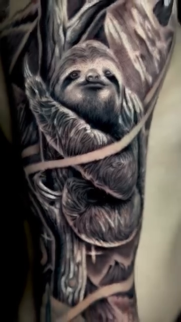 Sloth and bear in forest landscape realism tattoo by Clayderman