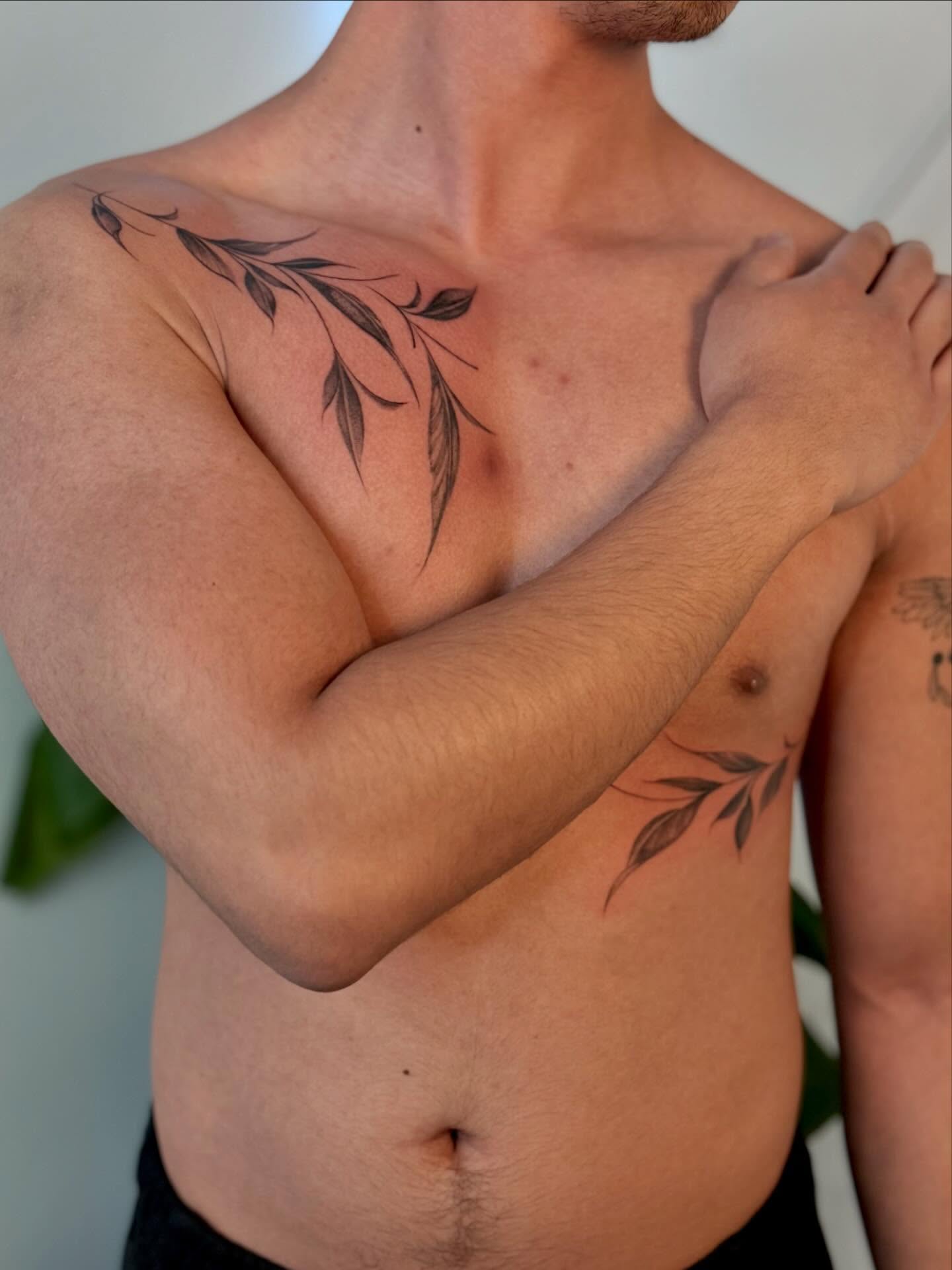 Leaf branch black and grey tattoo on the chest by thuy (twee) <3, San Jose, California