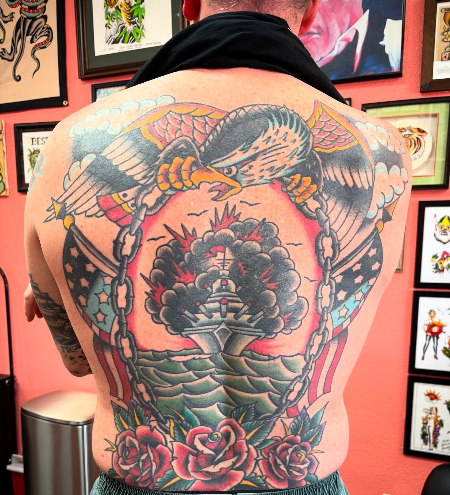 Ship explosion American traditional tattoo on the back by adamsayre, San Diego, California