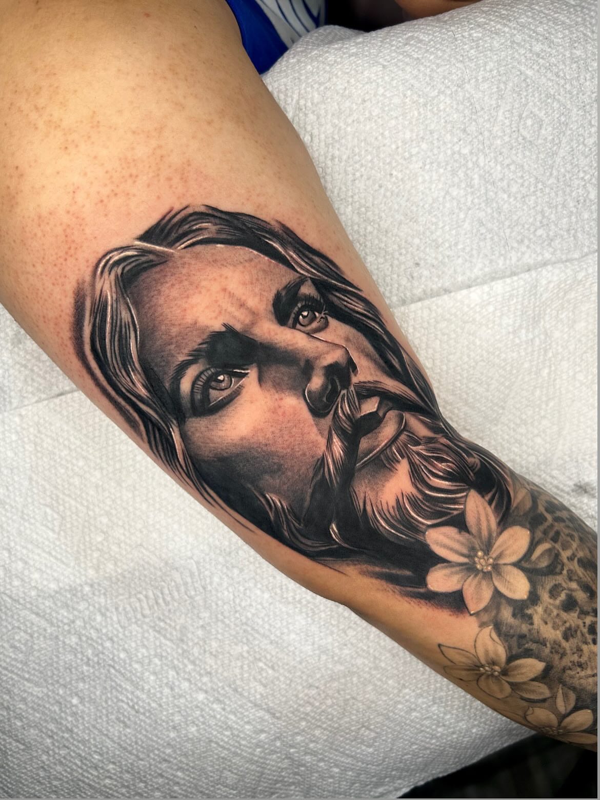 Religious figure realism tattoo on the forearm by ▪️JhonnyElias TATTOO ▪️