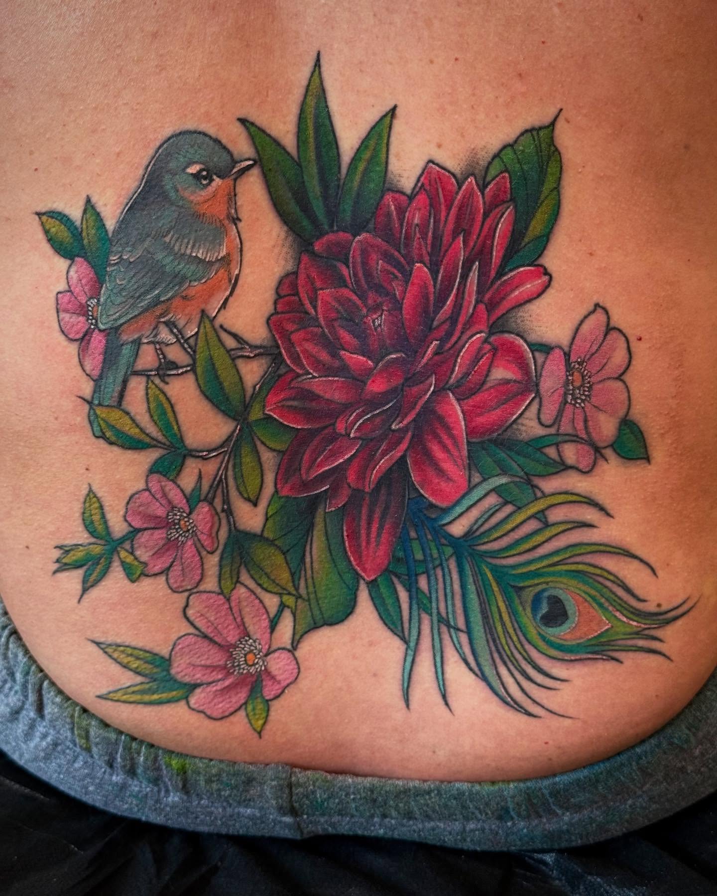Bird and flowers new school tattoo by Espinal
