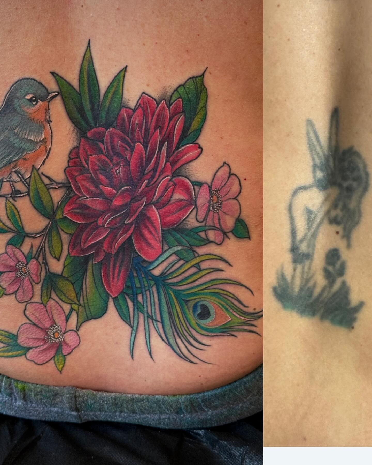 Peacock feather and flowers new school tattoo on the thigh by Espinal