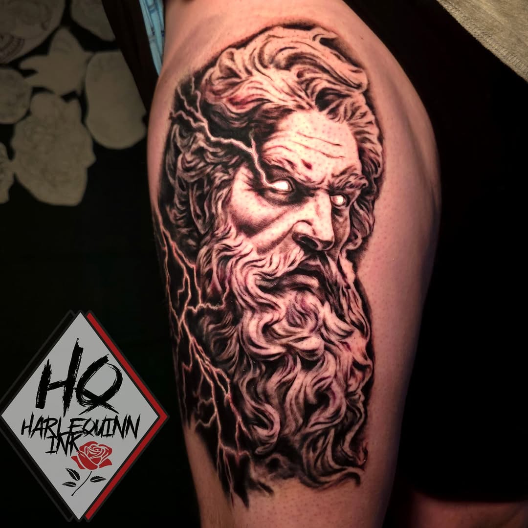 Zeus portrait with lightning surrealism tattoo on the thigh by HarleQuinn_Ink