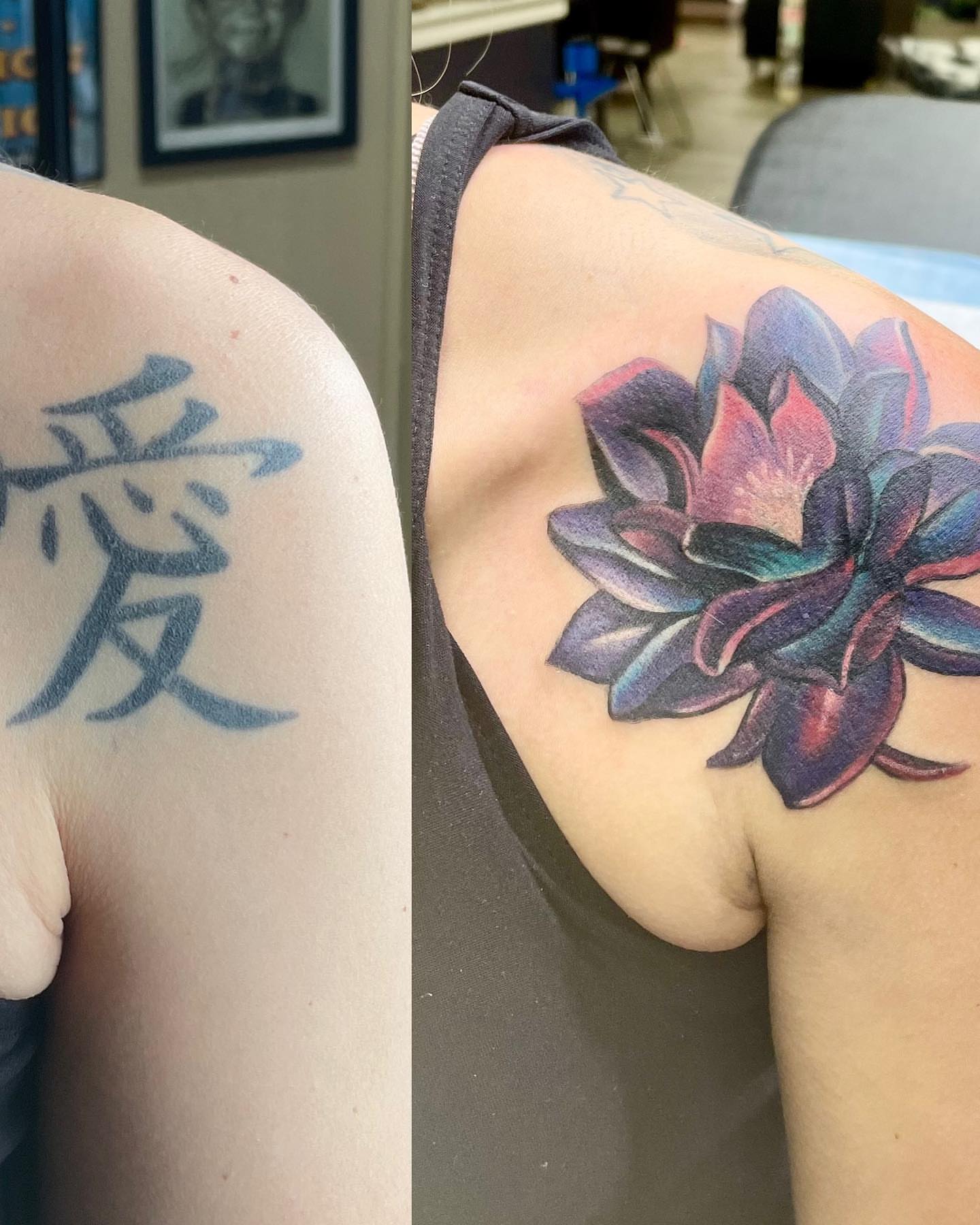 Lotus flower dotwork tattoo on the shoulder by Antoinette