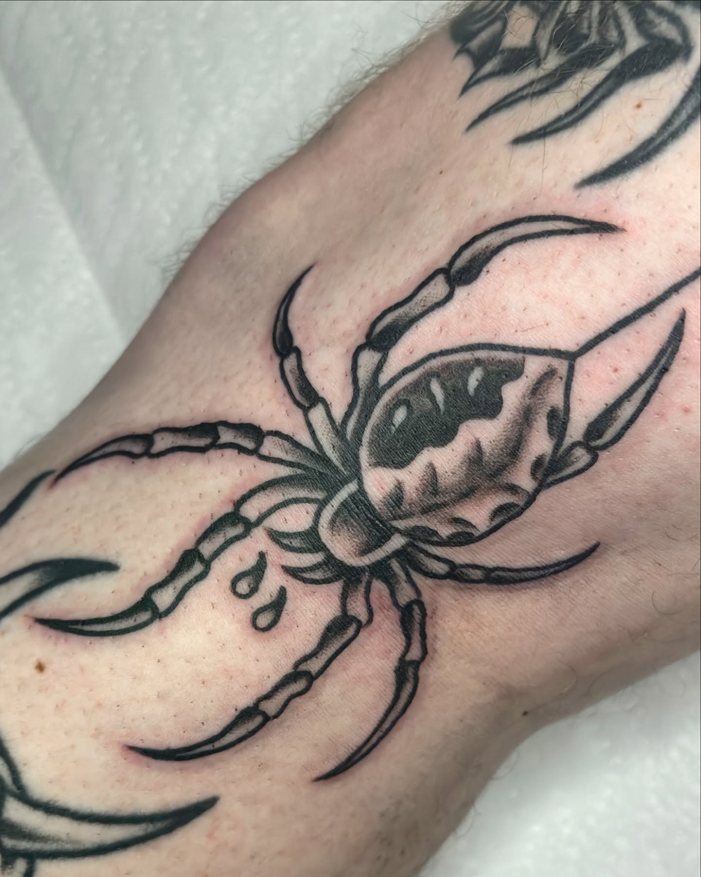 Crab black and grey tattoo on the forearm by Matt Elliott, Murfreesboro, Tennessee