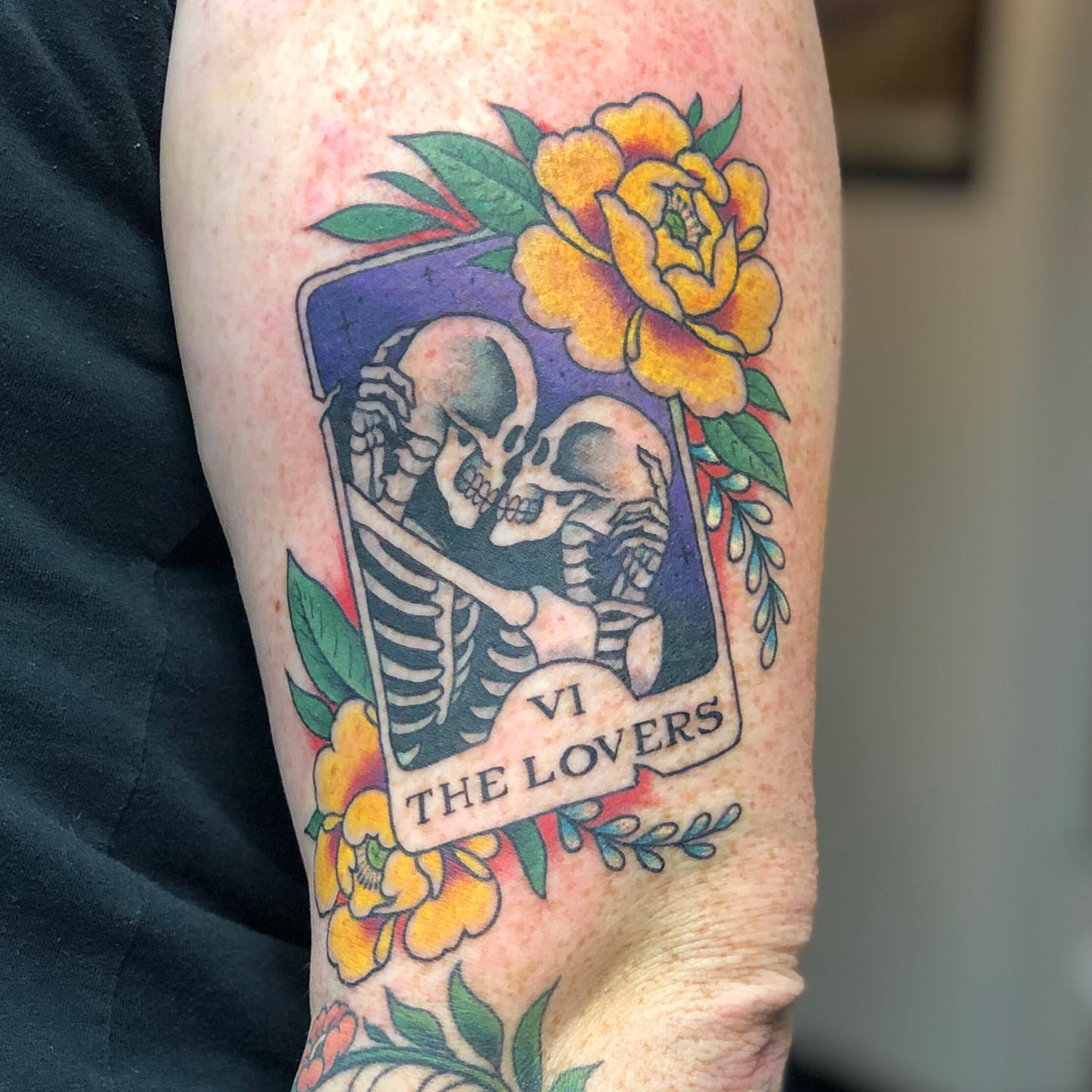 The lovers tarot card American traditional tattoo on the forearm by Matt Klass
