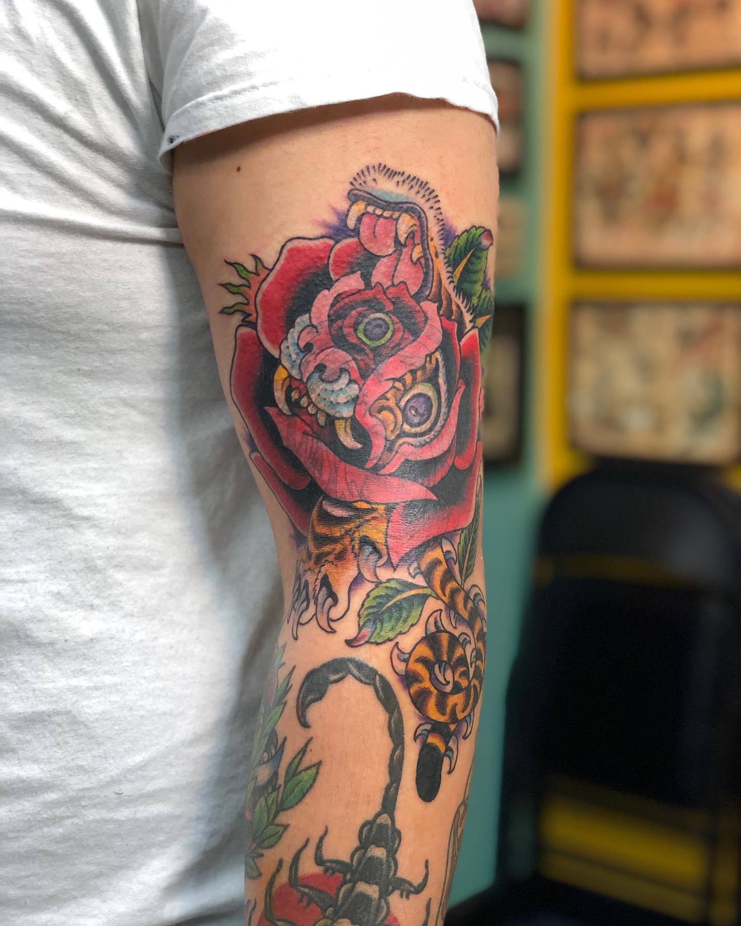 Rose and scorpion American traditional tattoo on the forearm by Matt Klass