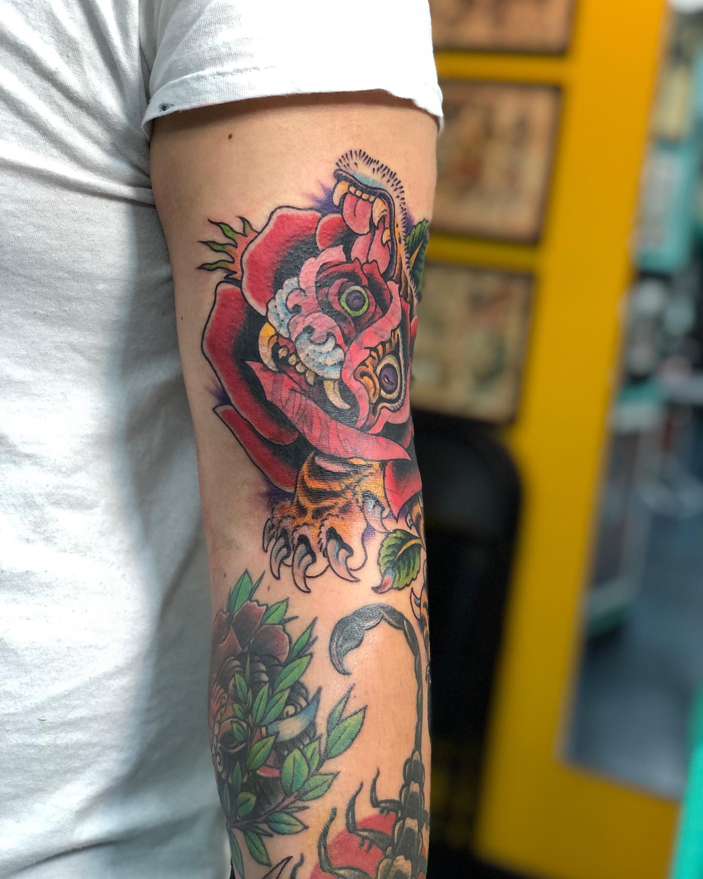 Japanese lion American traditional tattoo on the forearm by Matt Klass