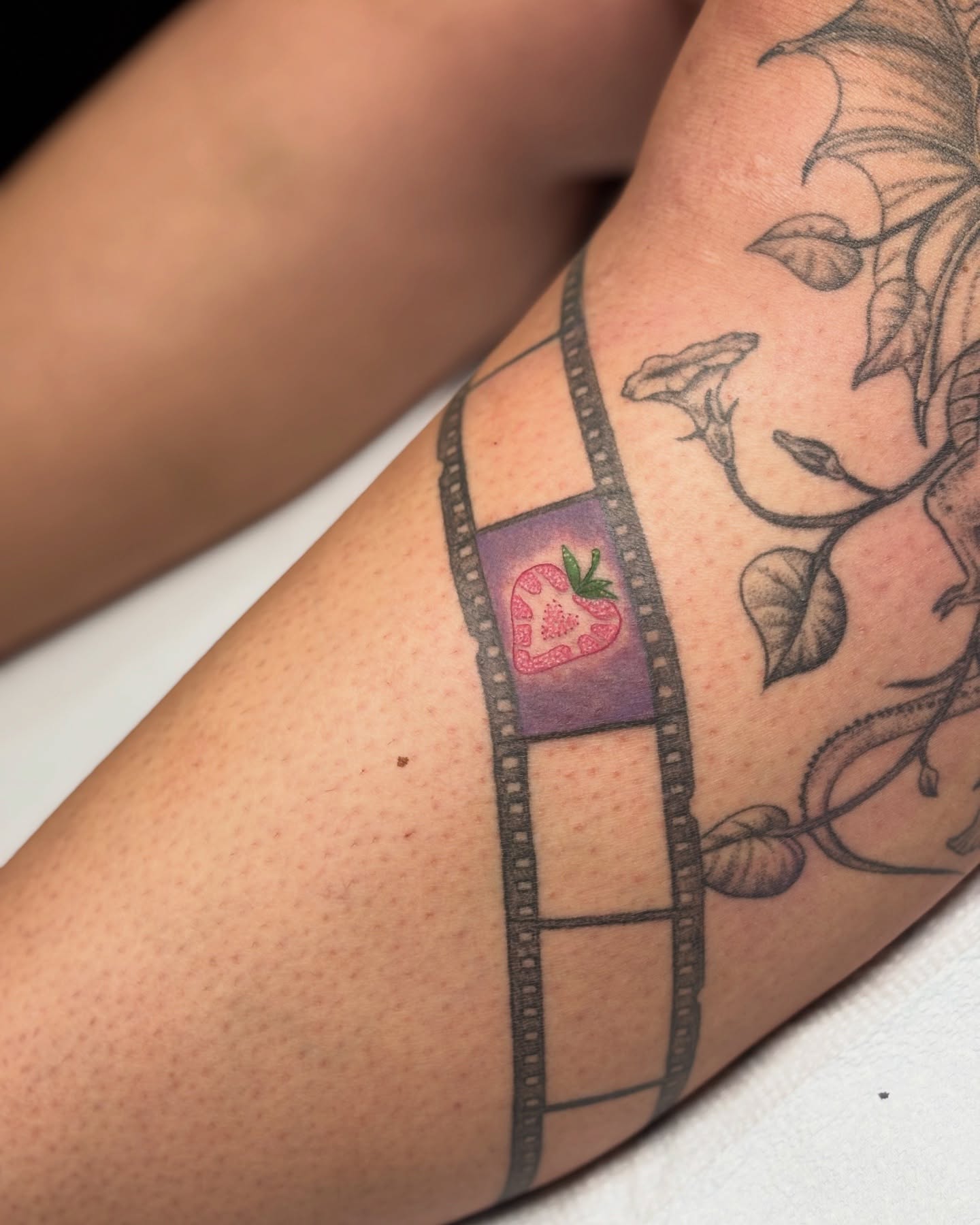 Film strip with strawberry black and grey tattoo on the forearm by ✨Dani Jackson✨, New Orleans, Louisiana
