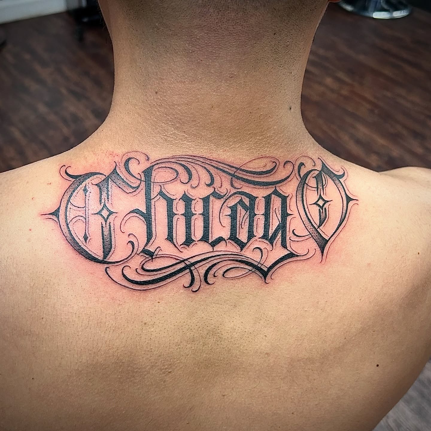 Script lettering lettering script tattoo on the neck by $krypt