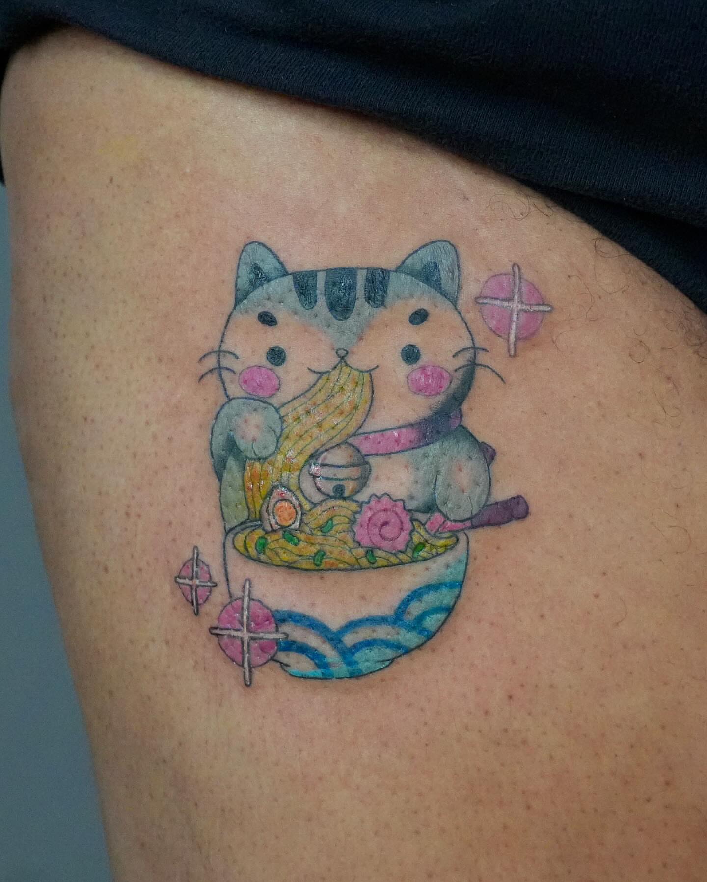Cat eating noodles dotwork tattoo on the thigh by Sophie ✨ Nashville Tattoo Artist ✨