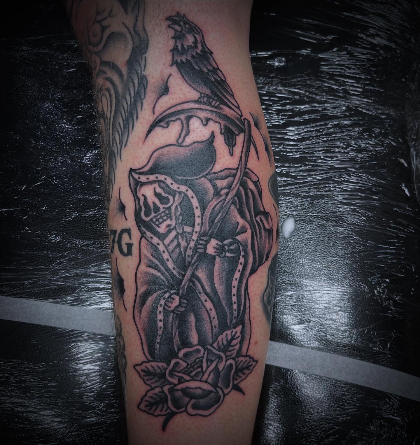 Reaper with crow American traditional tattoo on the forearm by 💀good To the Grave💀
