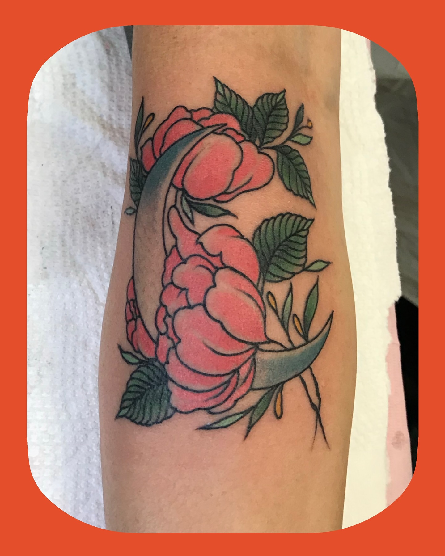 Peony flowers American traditional tattoo on the forearm by Chris Chapman