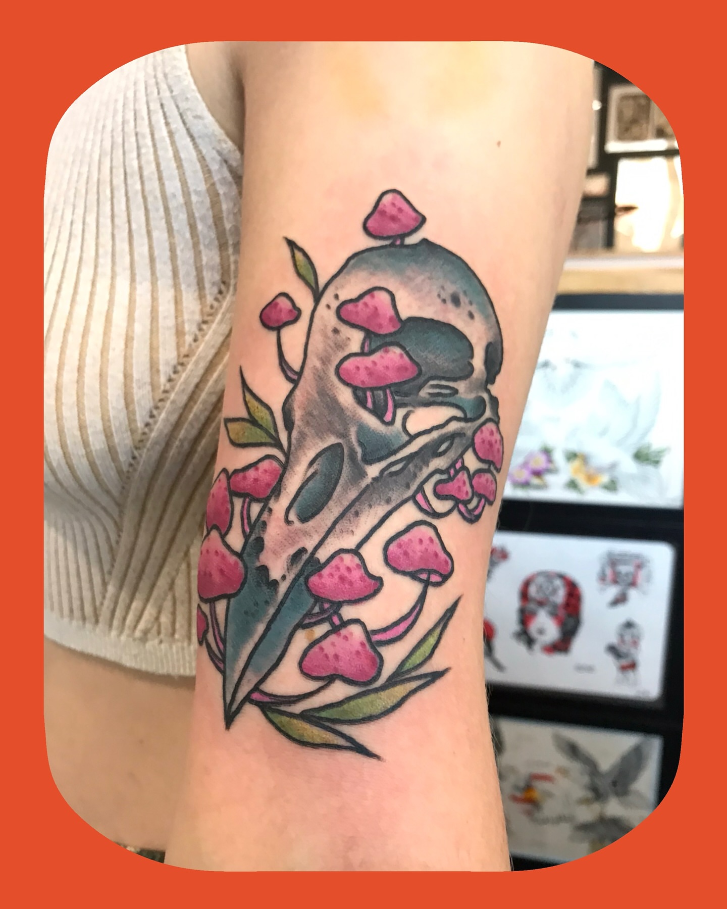 Skull with mushrooms new school tattoo on the forearm by Chris Chapman