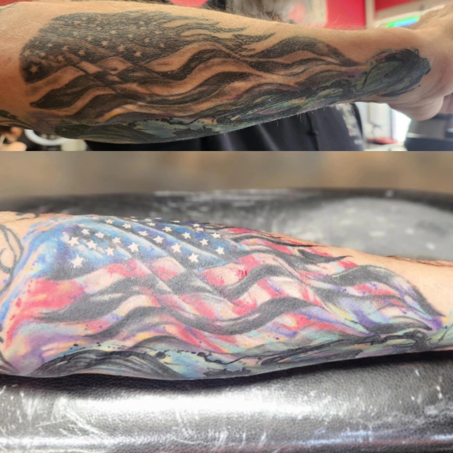 American flag American traditional tattoo on the forearm by Samantha Von Zombia, Saint Paul, Minnesota