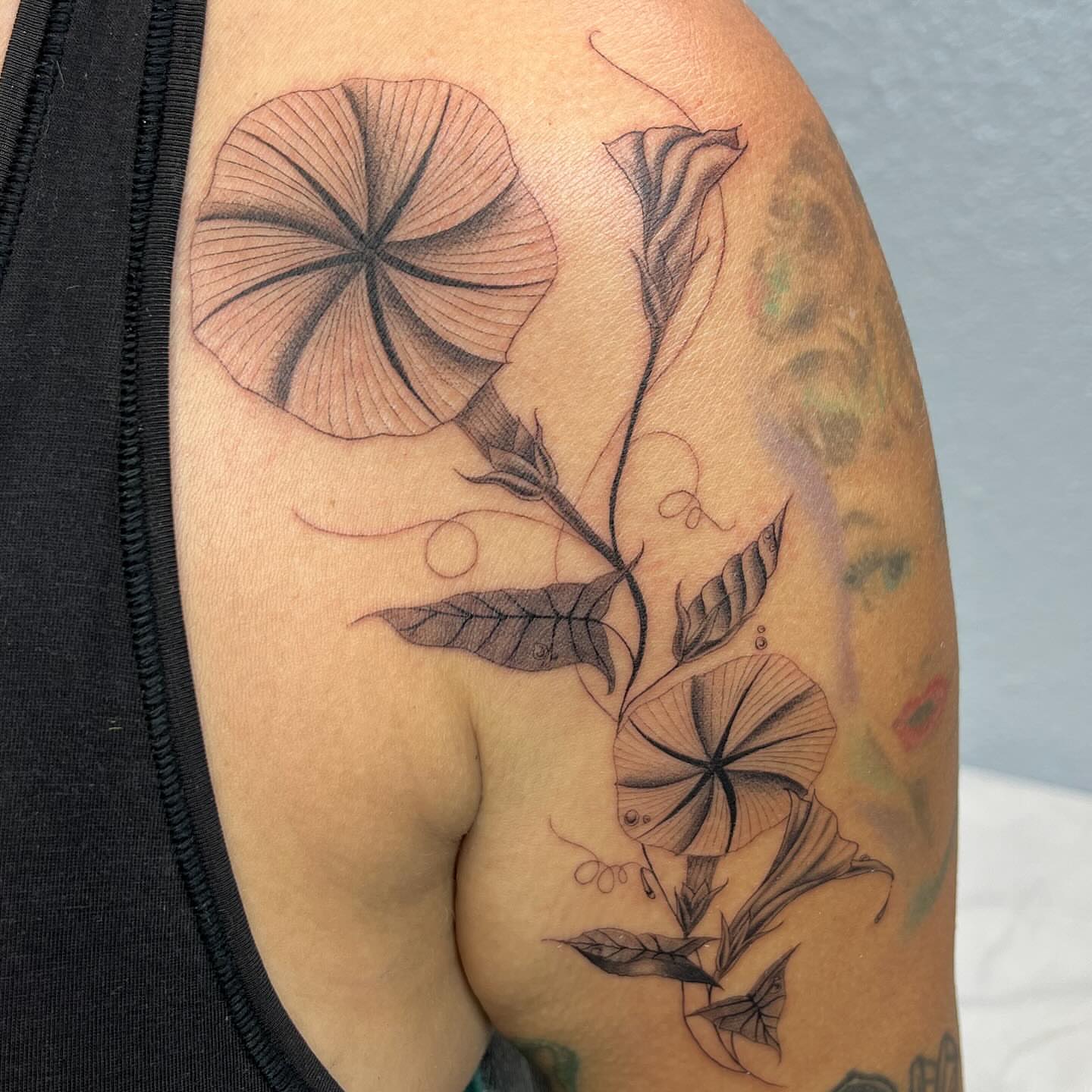 Morning glory black and grey tattoo on the upper arm by Ana Valadez π¦, Ventura, California