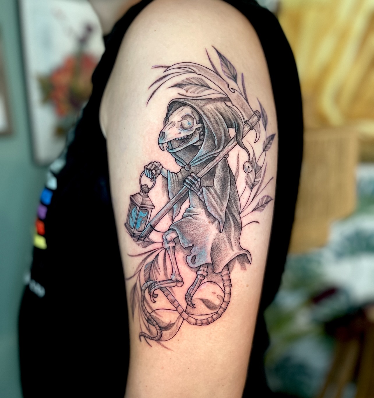 Grim reaper dark realism tattoo on the upper arm by Lo Boverod - La Passoire  - Tatoueuse -