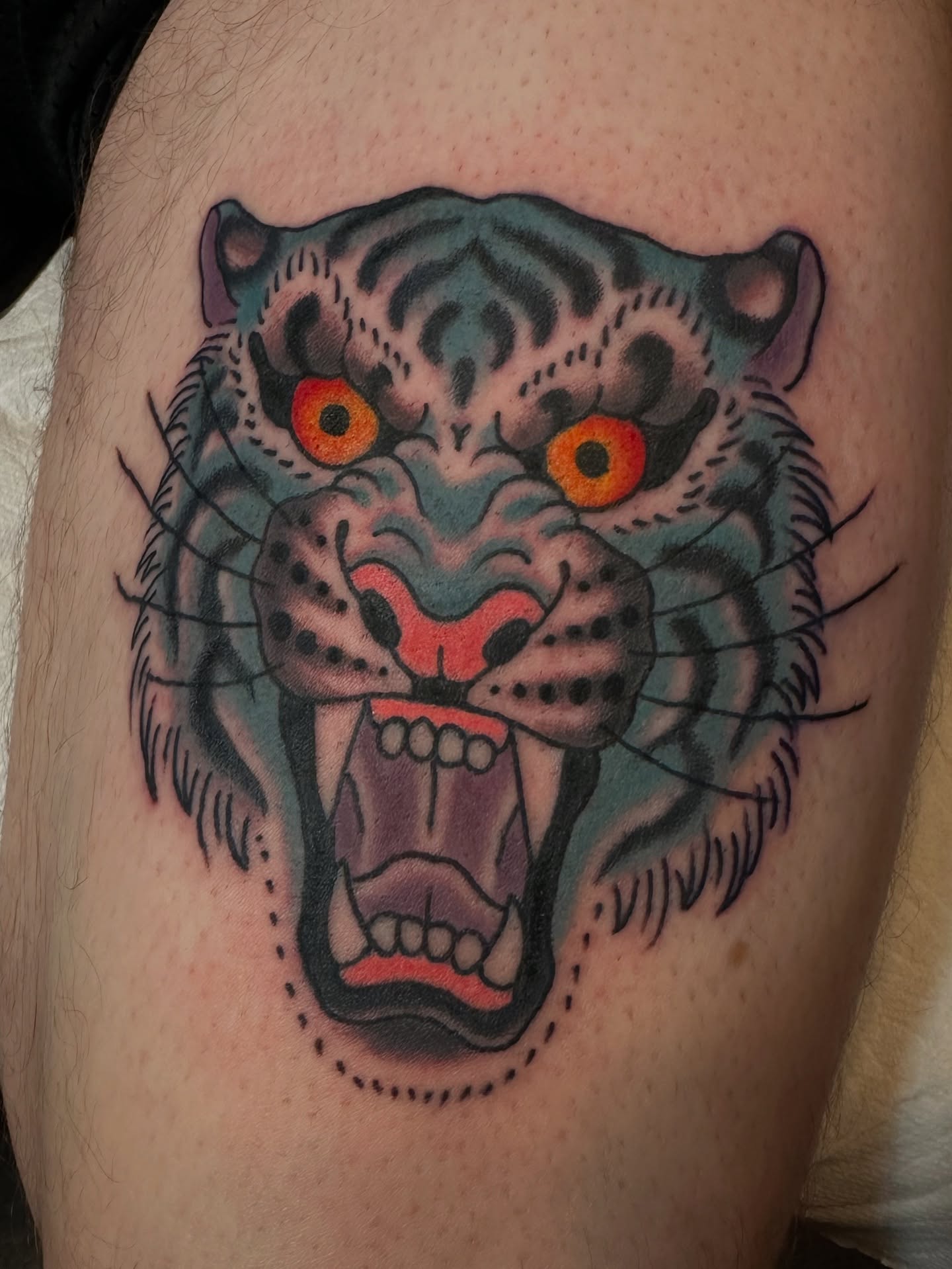 Tiger American traditional tattoo on the thigh by Daniel Skillingstead