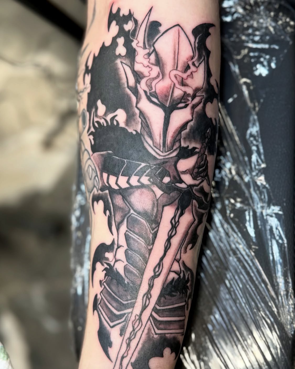 Samurai warrior black and grey tattoo on the forearm by Sonder