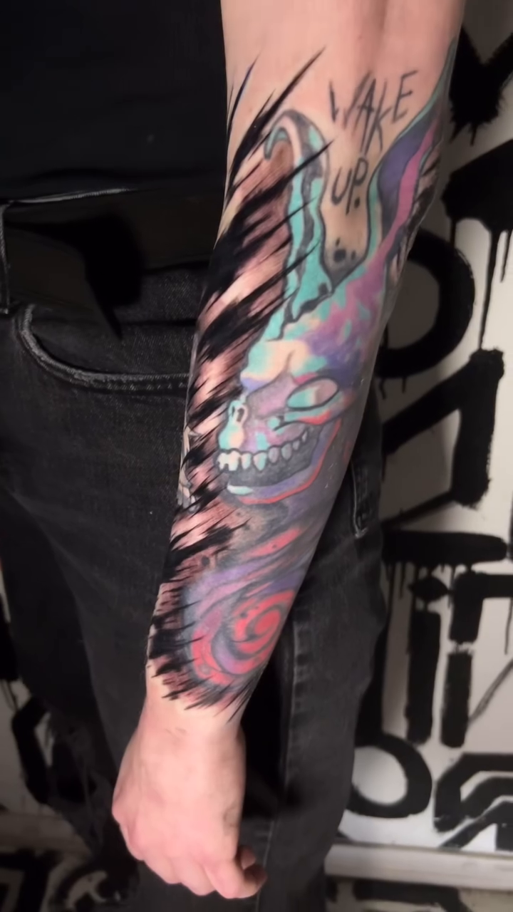 Skull and angel trash polka tattoo by Brittney