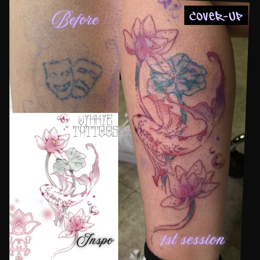 Lotus flower new school tattoo on the leg by Victoria Mendez