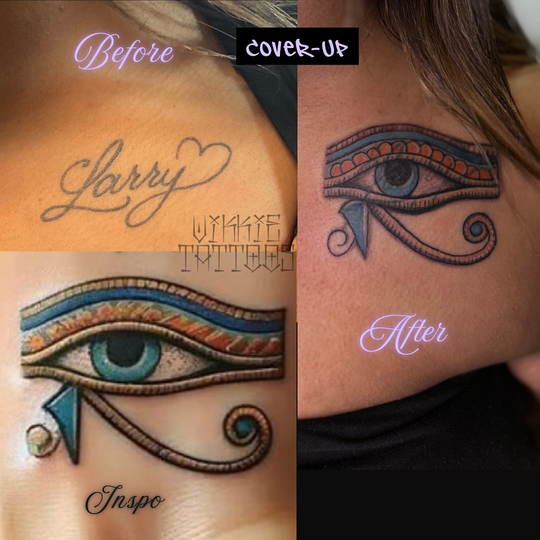 Eye of horus neo-traditional tattoo on the chest by Victoria Mendez